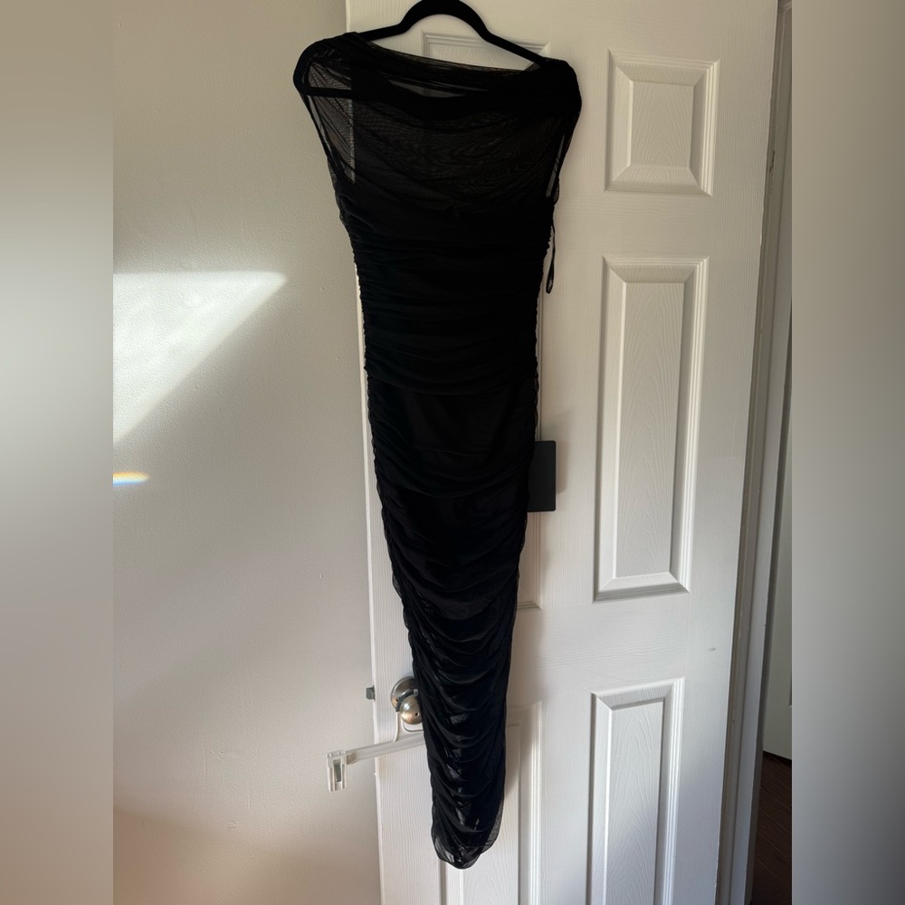 NWT - Lulu's Sunama Black Mesh Ruched Bodycon Midi Dress